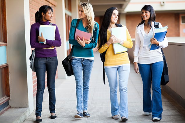 A group of European students walking to class