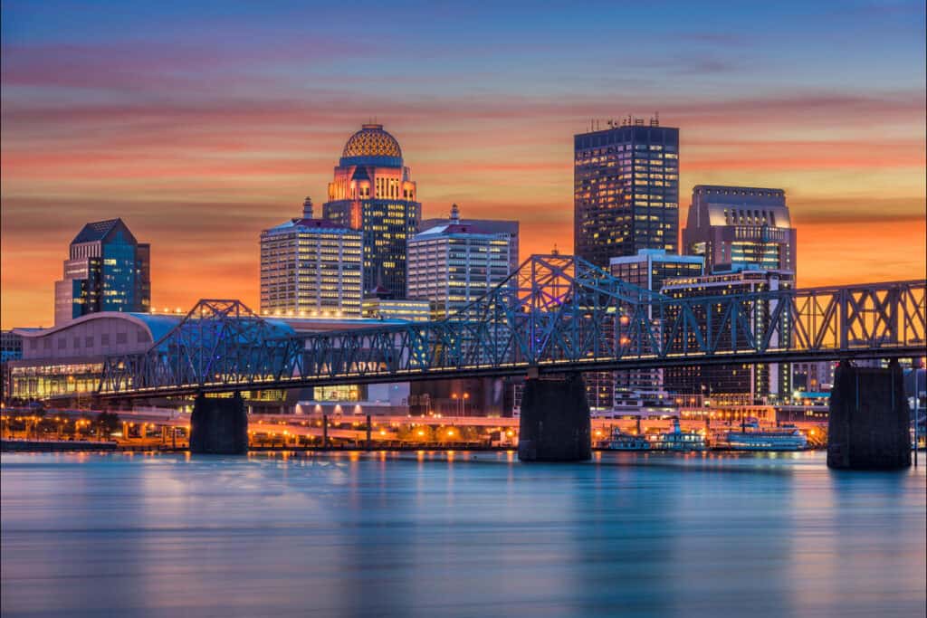 Louisville skyline at sunset